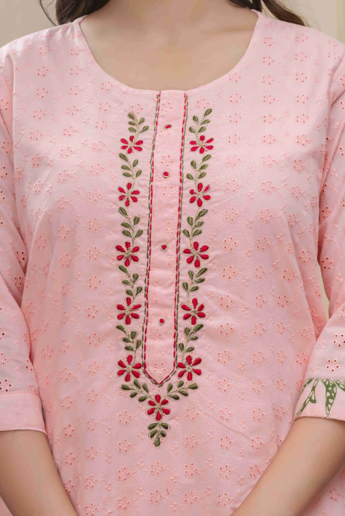 Schiffli Mul Cotton Peach Pink Three Piece Dress