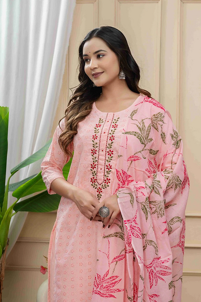 Schiffli Mul Cotton Peach Pink Three Piece Dress