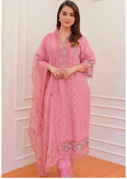 Cotton Schiffli Pink Embroidered Salwar Set