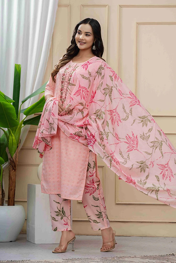 Schiffli Mul Cotton Peach Pink Three Piece Dress