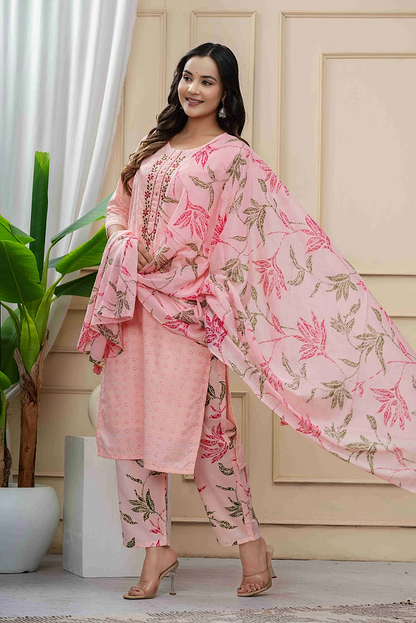 Schiffli Mul Cotton Peach Pink Three Piece Dress