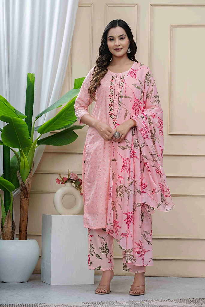 Schiffli Mul Cotton Peach Pink Three Piece Dress