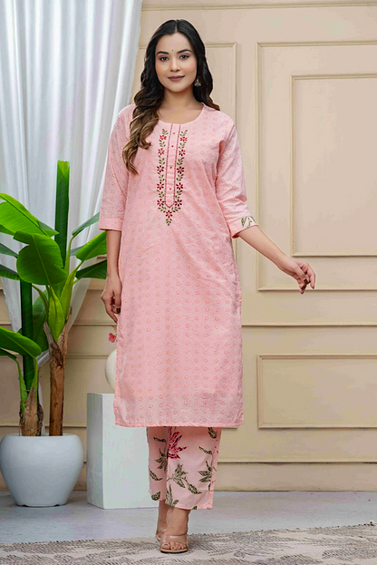 Schiffli Mul Cotton Peach Pink Three Piece Dress