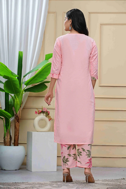 Schiffli Mul Cotton Peach Pink Three Piece Dress