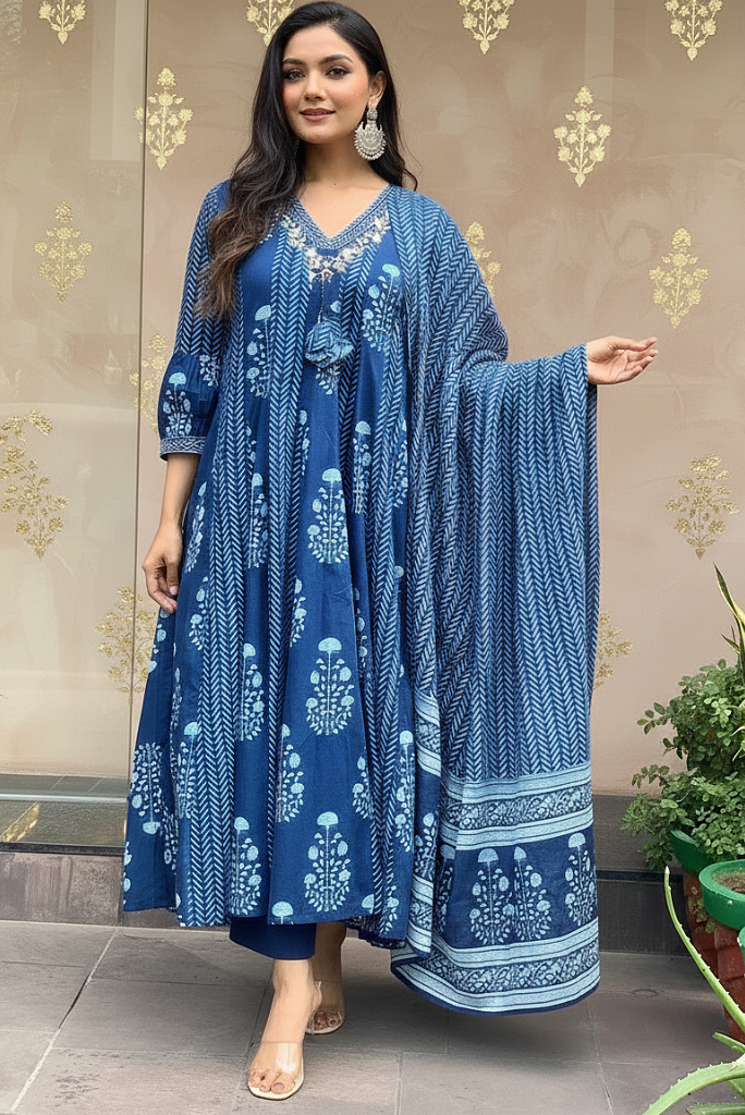 Flared Cotton Three Piece Dress with Silver Threadwork