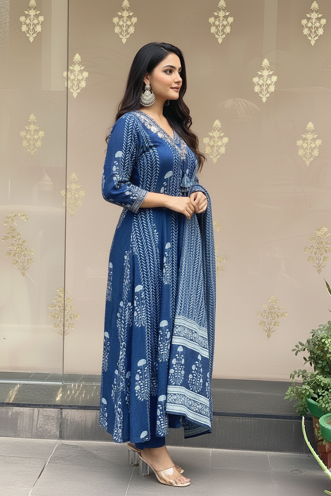 Flared Cotton Three Piece Dress with Silver Threadwork