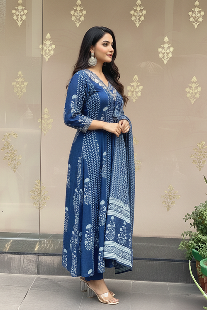 Flared Cotton Three Piece Dress with Silver Threadwork