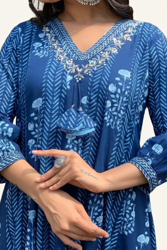 Flared Cotton Three Piece Dress with Silver Threadwork