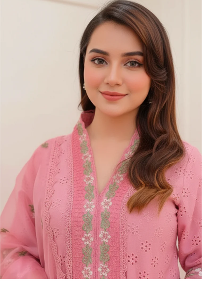 Cotton Schiffli Pink Embroidered Salwar Set