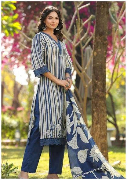 Cotton Floral Suit with Organza Embroidery Lacework