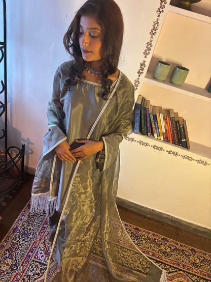 Marble Grey Crepe Silk Three Piece Farshi Salwar Suit