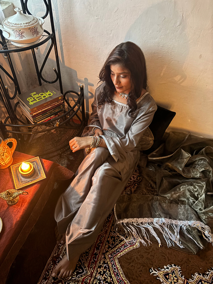 Marble Grey Crepe Silk Three Piece Farshi Salwar Suit