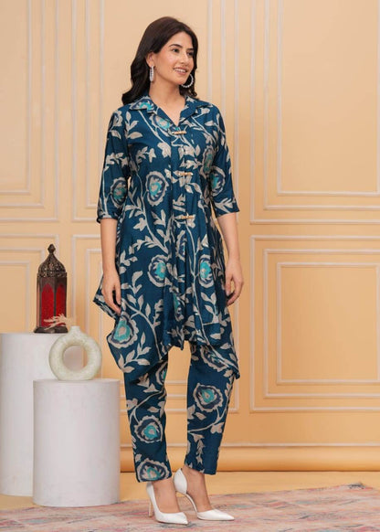 Muslin Crepe Blue Floral A-line Coord Set