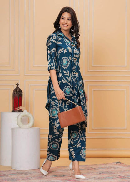 Muslin Crepe Blue Floral A-line Coord Set