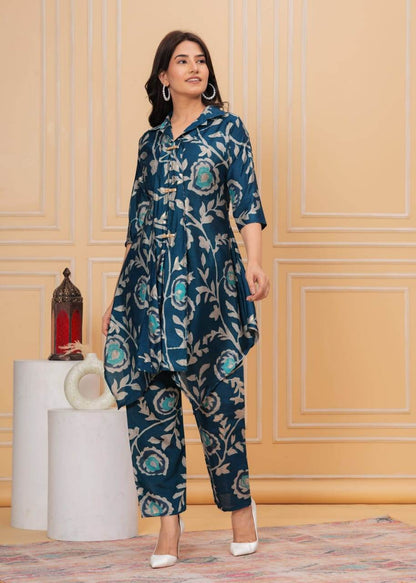 Muslin Crepe Blue Floral A-line Coord Set