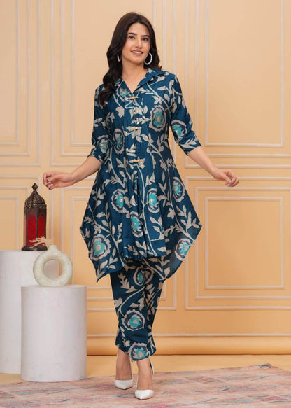 Muslin Crepe Blue Floral A-line Coord Set