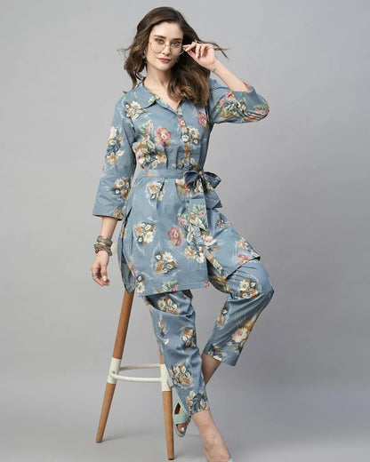 Viscose Floral Blue Coord set with Waist Belt