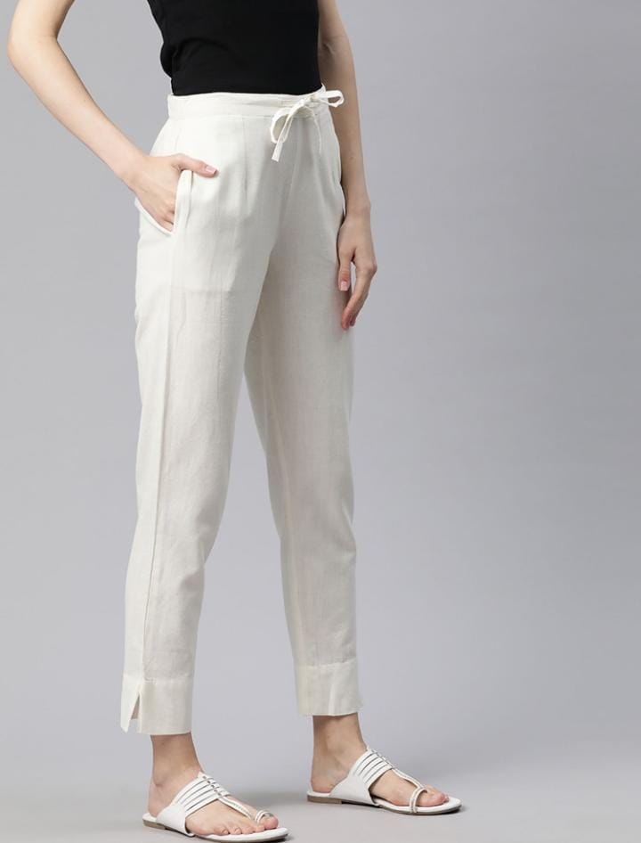 White Cotton Pants with Adjustable Waist Tie