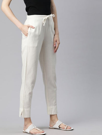 White Cotton Pants with Adjustable Waist Tie