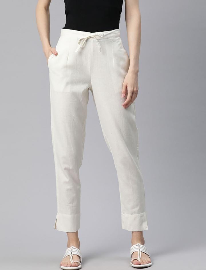 White Cotton Pants with Adjustable Waist Tie