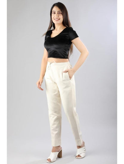 White Cotton Pants with Adjustable Waist Tie