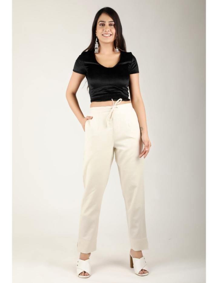 White Cotton Pants with Adjustable Waist Tie