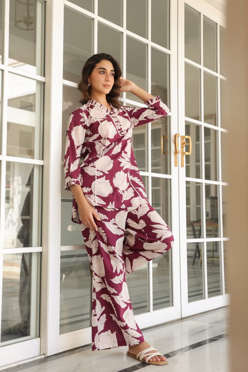 Floral Cotton Flared Plum Coord Set with Frills