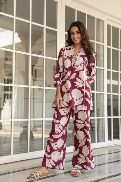 Floral Cotton Flared Plum Coord Set with Frills