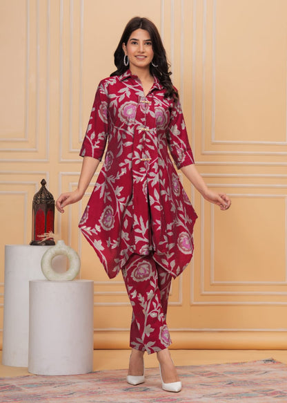 Muslin Crepe Crimson Pink Floral A-line Coord Set