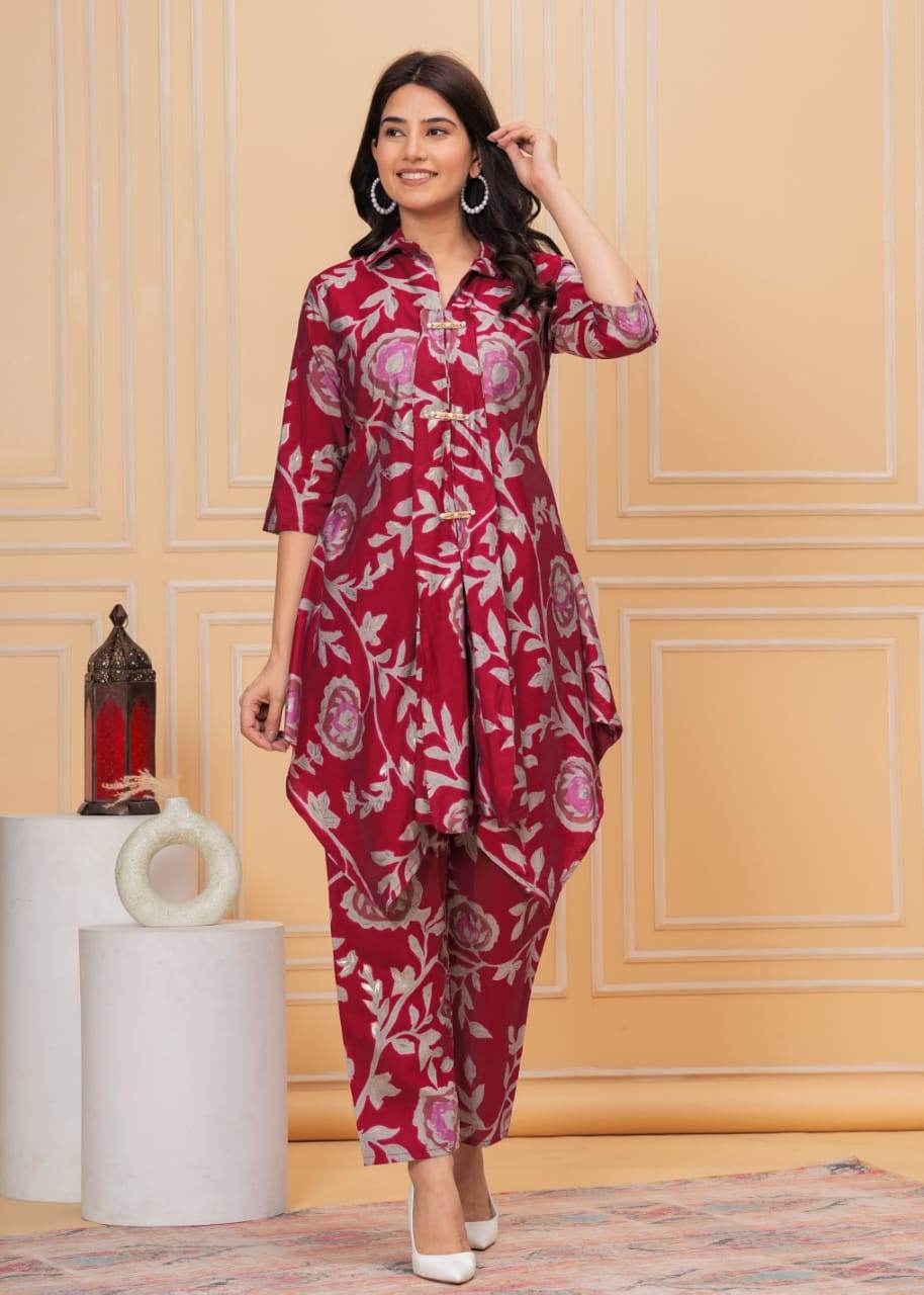 Muslin Crepe Crimson Pink Floral A-line Coord Set