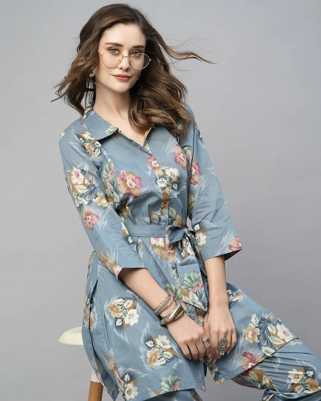 Viscose Floral Blue Coord set with Waist Belt