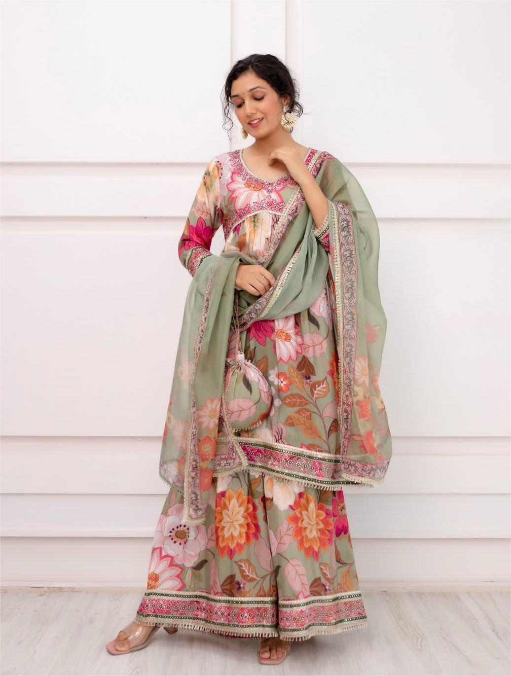 Muslin Floral Print Embroidered Sharara Set