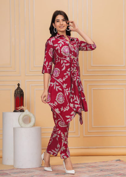 Muslin Crepe Crimson Pink Floral A-line Coord Set