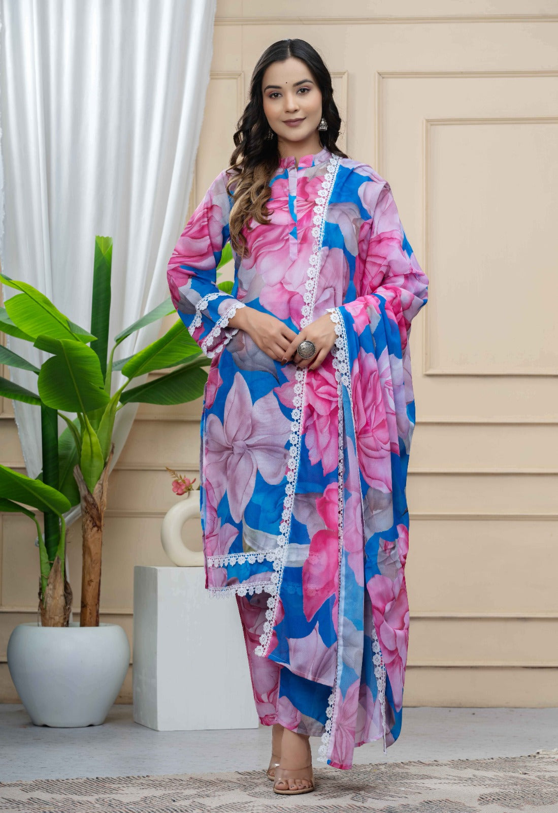 Multicolour Floral Cotton Suit with Lacework & Georgette Dupatta
