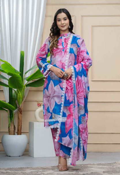 Multicolour Floral Cotton Suit with Lacework & Georgette Dupatta