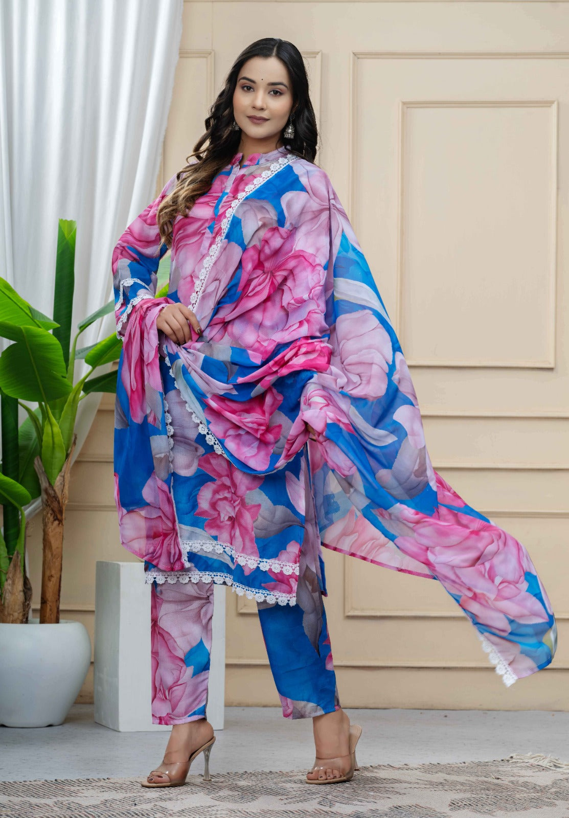 Multicolour Floral Cotton Suit with Lacework & Georgette Dupatta
