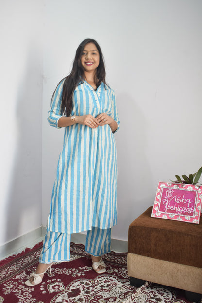 Sky Blue Cotton Striped Kurta Set