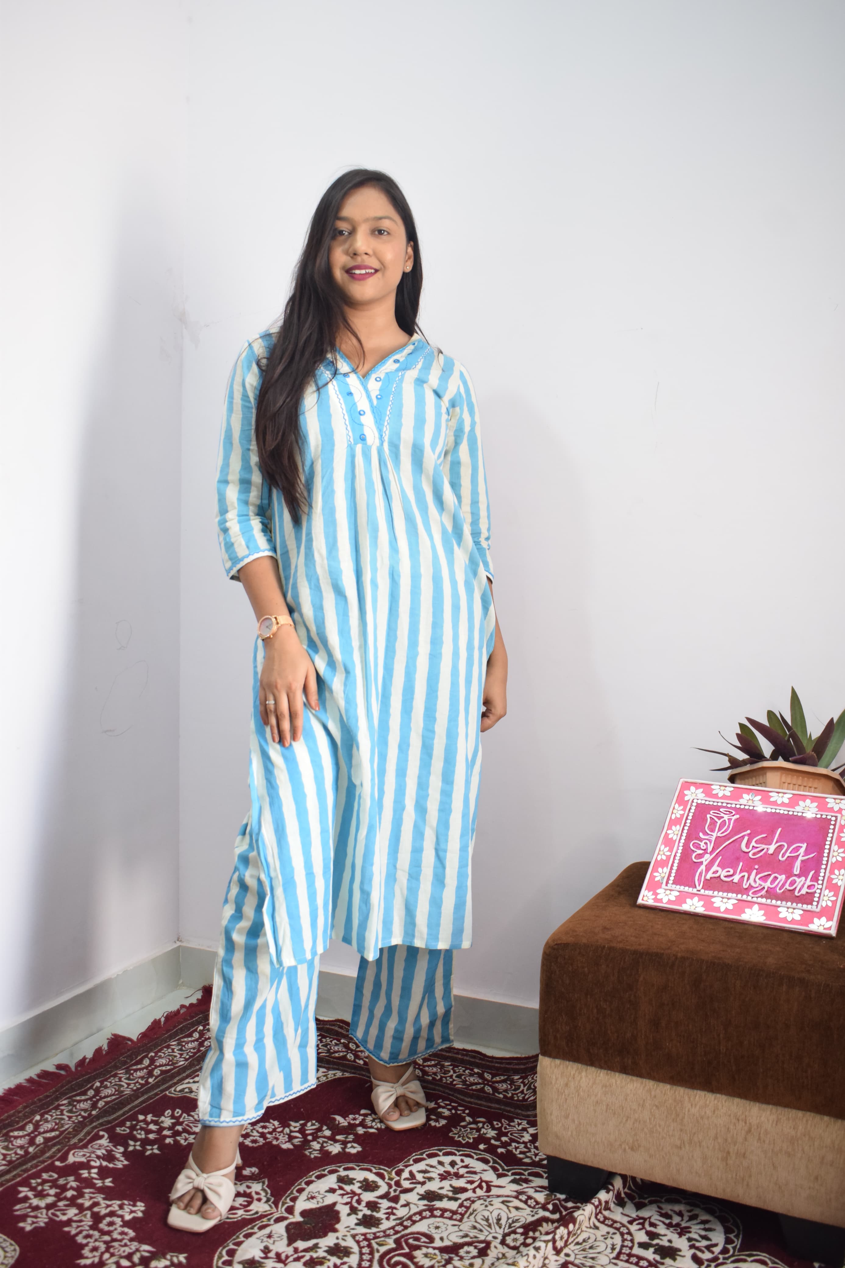 Sky Blue Cotton Striped Kurta Set