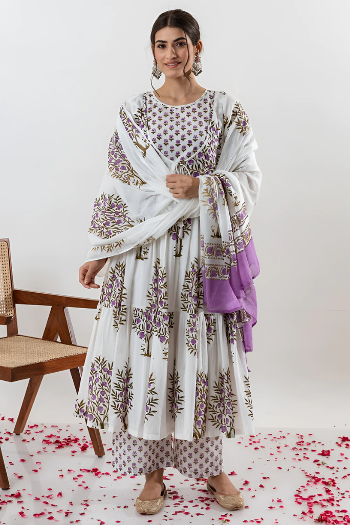 Double Choli Block Print Cotton Anarkali Set (only XL)