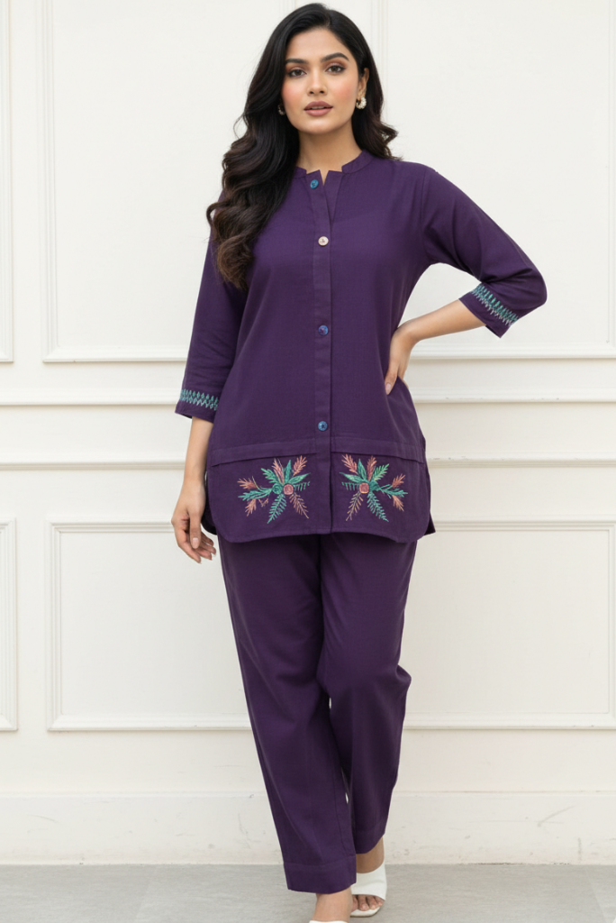 Purple Cotton Flex Embroidered Office Wear Coord Set