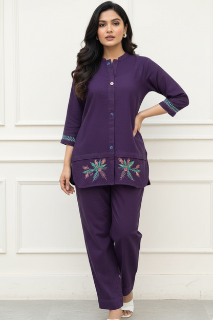 Purple Cotton Flex Embroidered Office Wear Coord Set