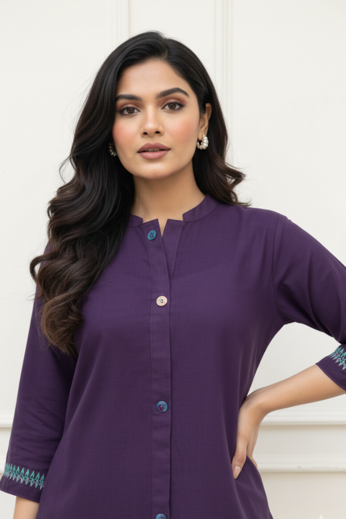 Purple Cotton Flex Embroidered Office Wear Coord Set