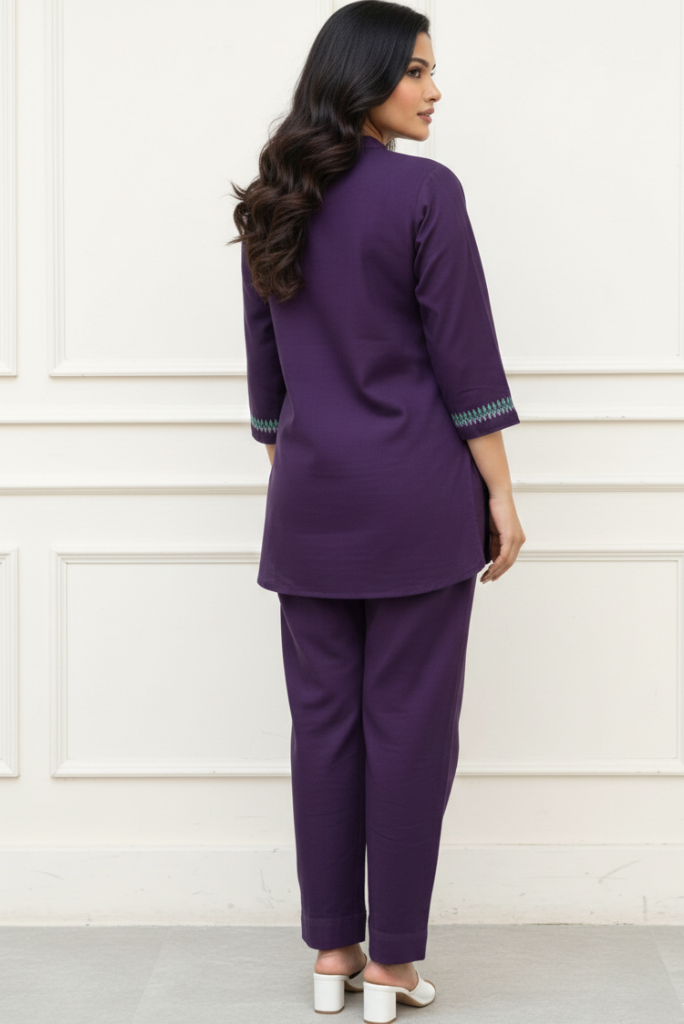 Purple Cotton Flex Embroidered Office Wear Coord Set