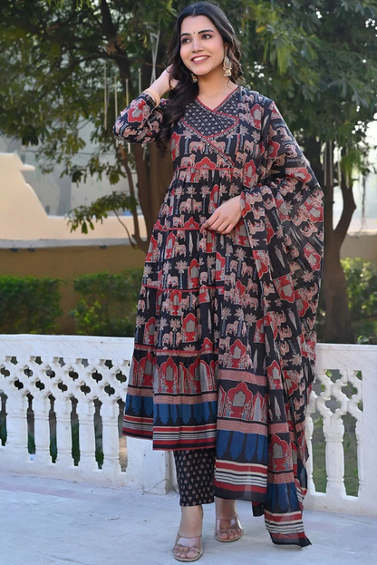 Ajrakh Print Black Anarkali Set with Sequence Handwork