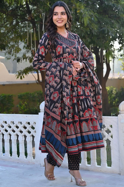 Ajrakh Print Black Anarkali Set with Sequence Handwork