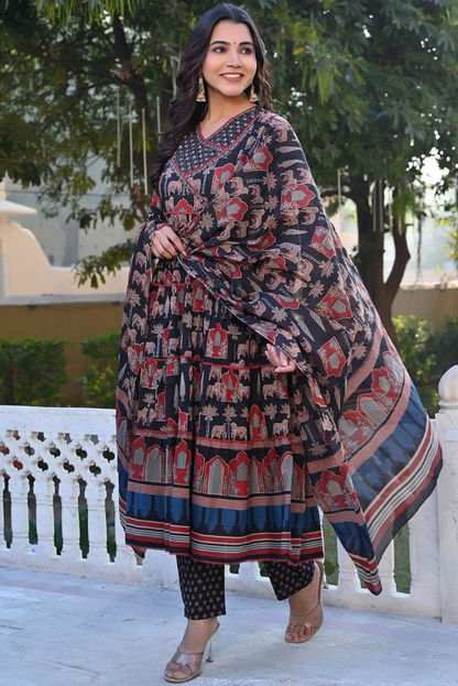 Ajrakh Print Black Anarkali Set with Sequence Handwork