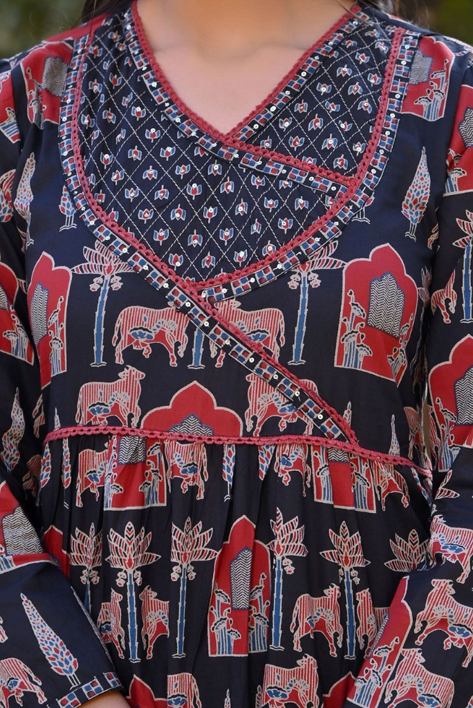 Ajrakh Print Black Anarkali Set with Sequence Handwork