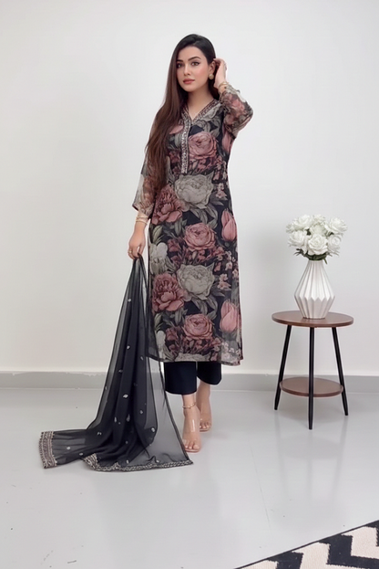 Black Floral Tissue Organza Kurta Set