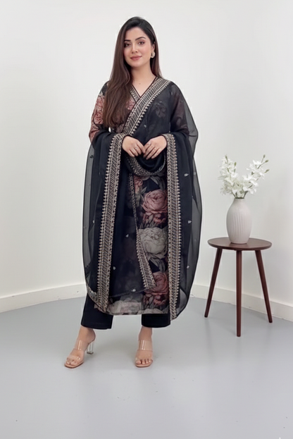Black Floral Tissue Organza Kurta Set