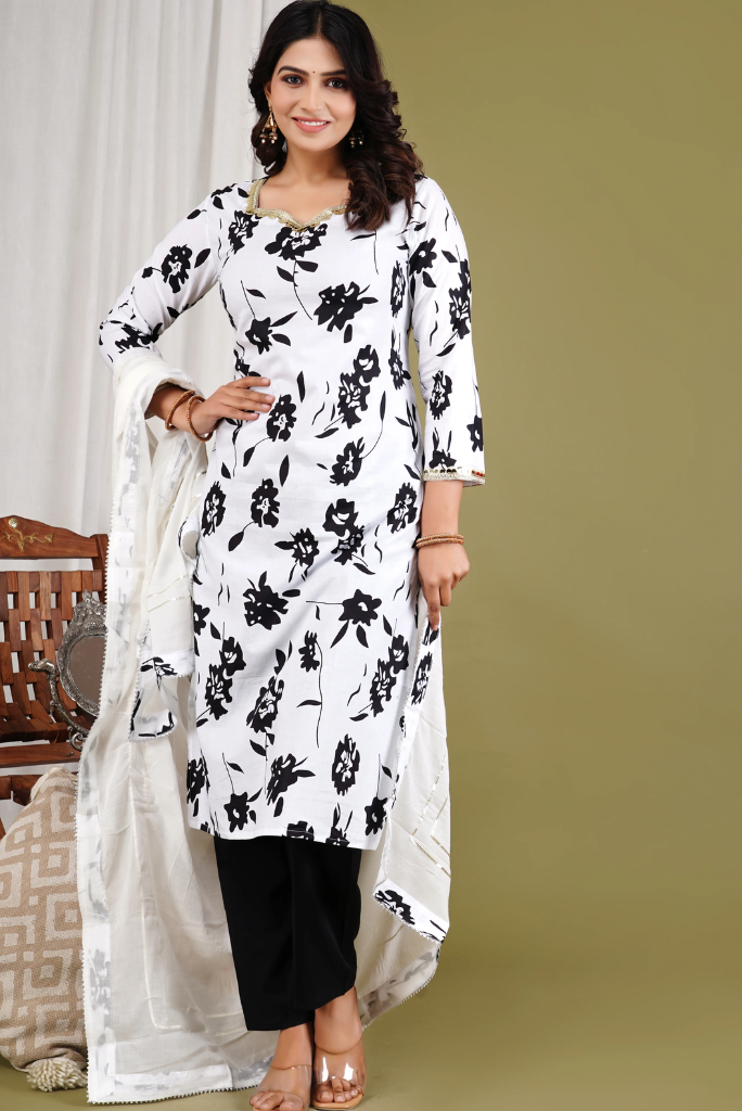 Floral White Cotton Three Piece Suit Set